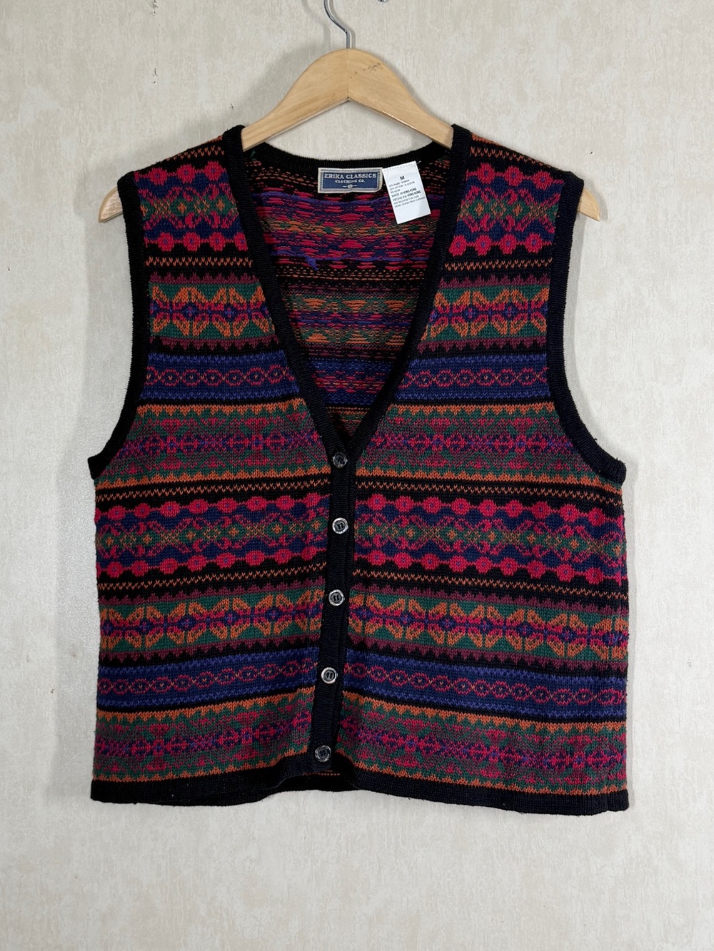 Erika Classics Women’s Vintage 90s Ramie Cotton Cardigan Vest in Fair Isle M